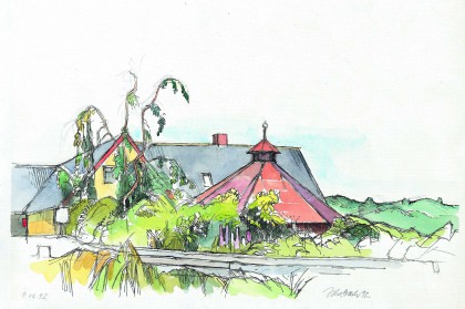 Watercolor of a part of the main building, trees, buches and the youth pavillon.