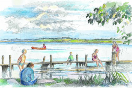 Aquarel van spelende kinderen op het strand, zwemmen en paddeling met een kano in het meer